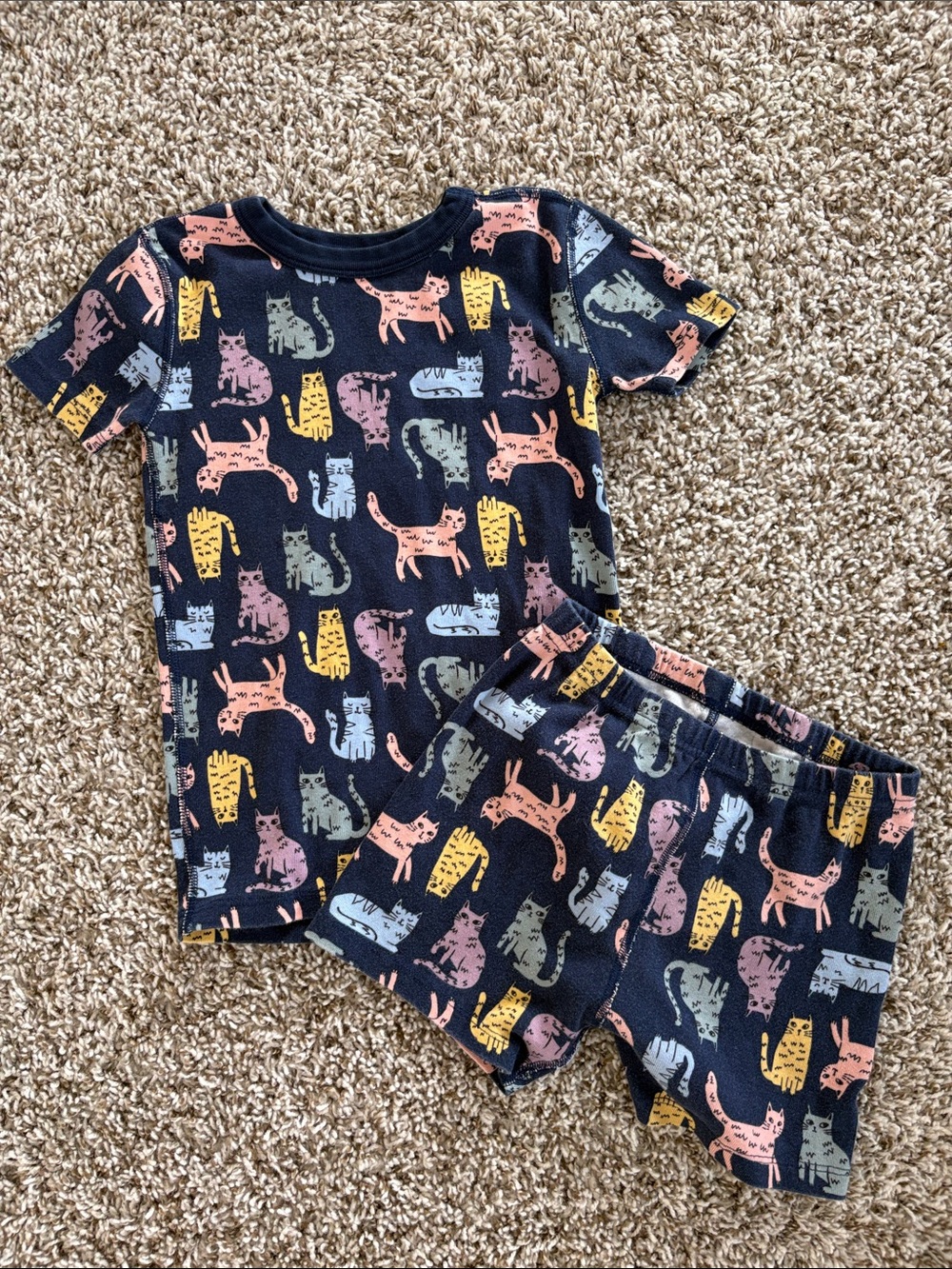 Quince Navy Short-Sleeve Cat Print Pajama Set - Pink, Yellow, Blue, Green, Gray